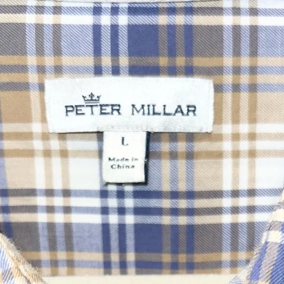 Peter Millar Classic Crown Blue and Tan Plaid Button Down Shirt Large - Picture 3 of 4